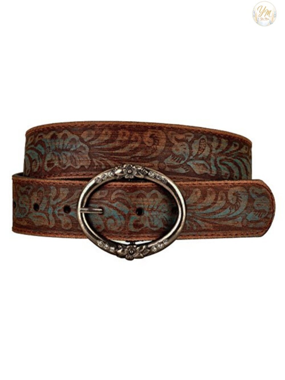 Full-Grain Leather Belt Rhinestone Ring Buckle Western Style